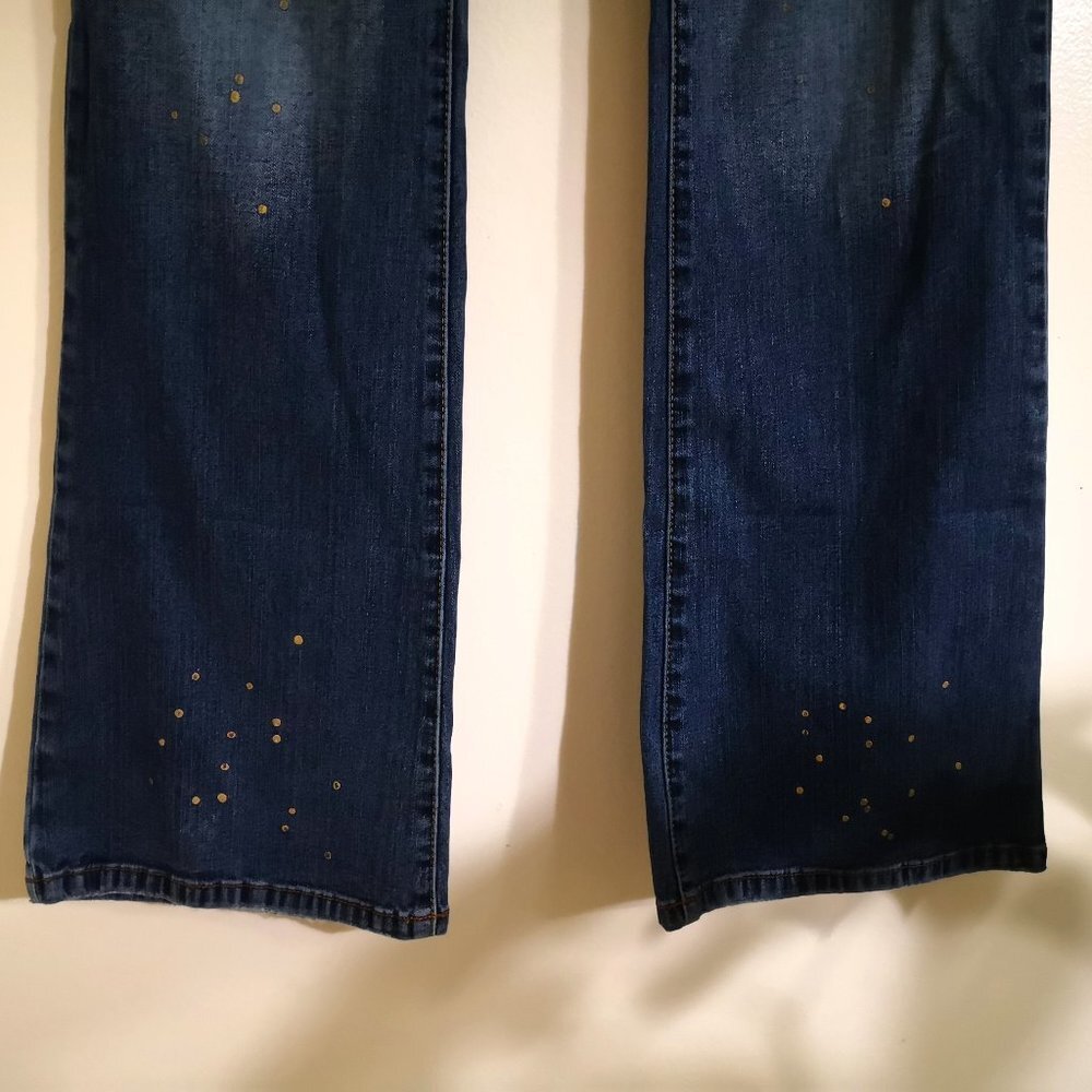 Fabulosity High Rise Stretch Flare Jeans Golden Polka Dot Print‎ Detail Size 9 - Picture 3 of 7